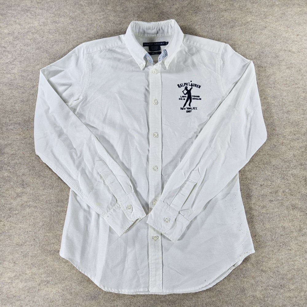 Ralph Lauren Lawn Tennis Shirt Womens 8 White Slim Fit Oxford 1987 Embroidered